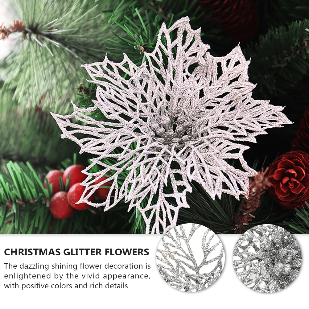 

12Pcs Christmas Glitter Flower Ornaments Artificial Pendants Hanging Decor for Xmas Tree Party Wedding Festival Decoration