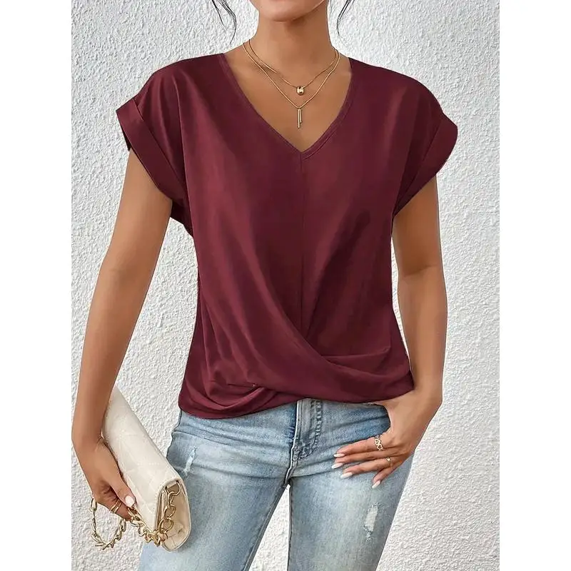 

Ele Color V-Ne T-irt ort Sve Spring Summer Women's Faion Cross-Border Pure Color Classy Top