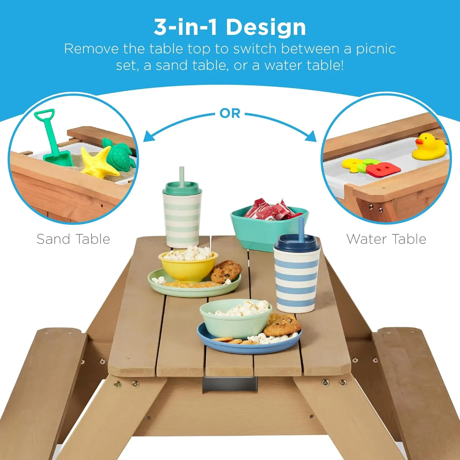 Best Choice Products Kids 3-in-1 Sand & Water Table, Wood Outdoor Convertible Picnic Table w/Umbrella, 2 Trays, Removable Top