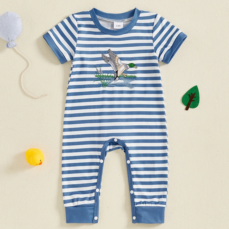 

0-18M Baby Boys Summer Striped Jumpsuit Short Sleeve Round Neck Duck Embroidery Casual Romper