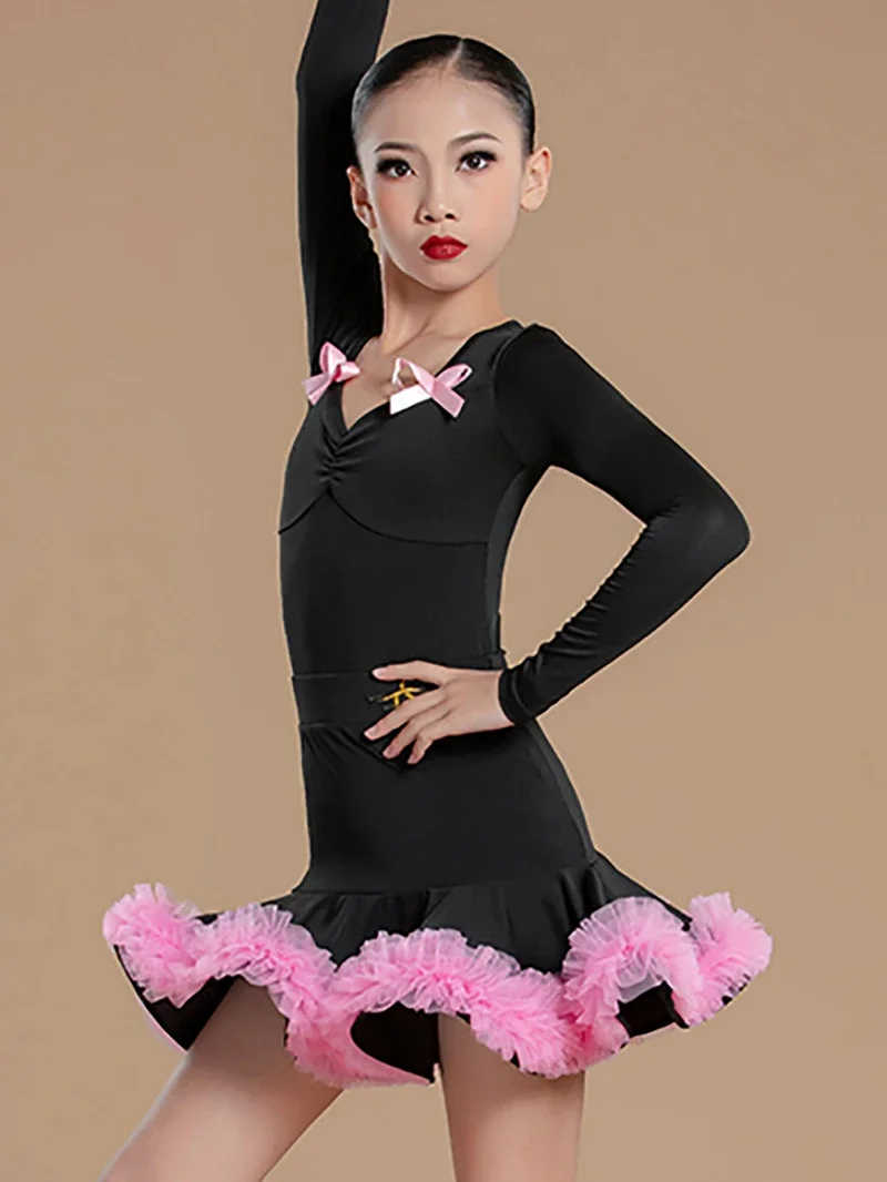 Vêtements de danse latine pour enfants filles, body à manches longues et grandes jupes en mousseline de soie, vêtements de danse pour spectacle sur scène, Costume Chacha Rumba
