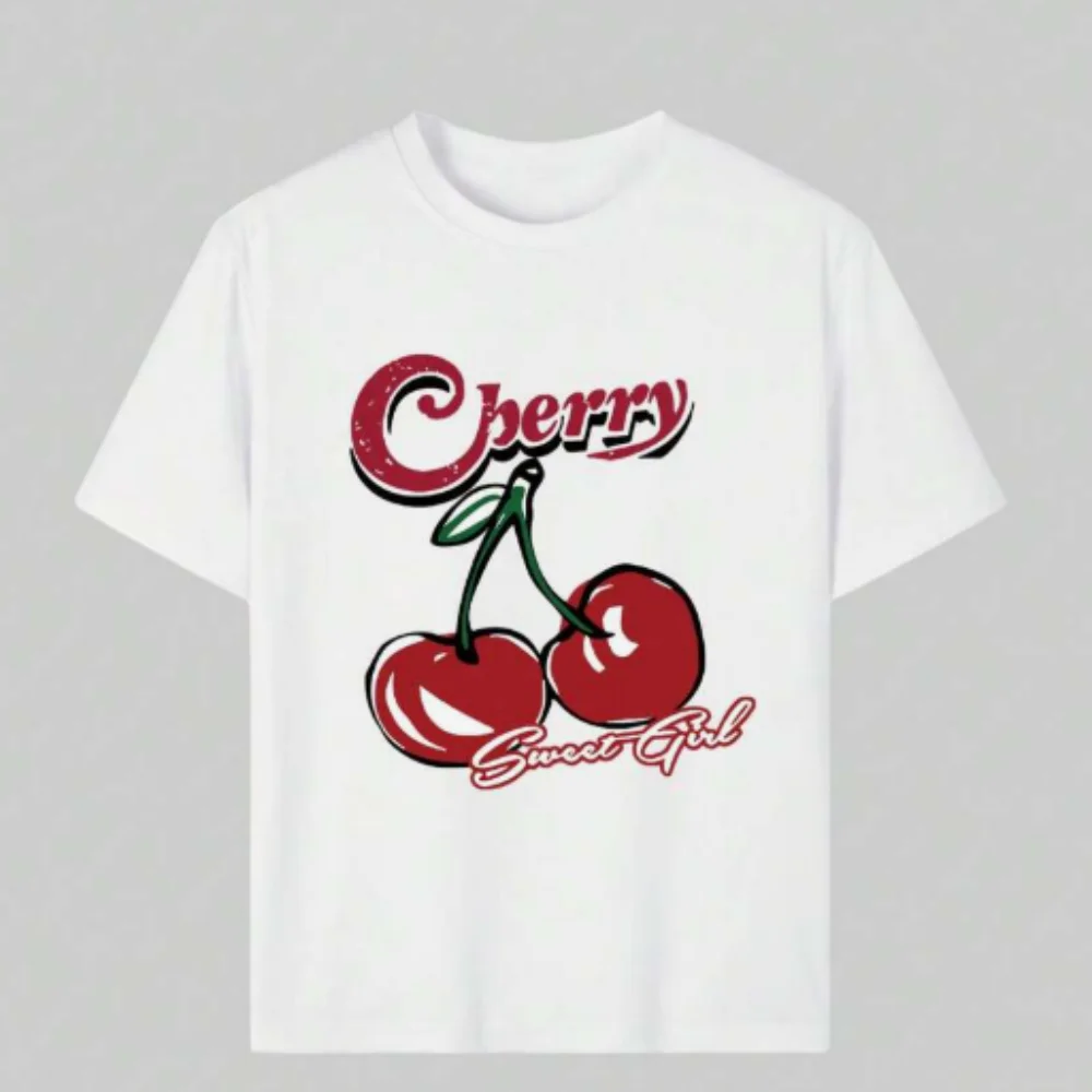 1 تي شيرت كاجوال مطبوع برقبة دائرية وأكمام قصيرة للفتيات الصغيرات، أوراق خضراء لطيفة وتي شيرت كرز حيوي #2