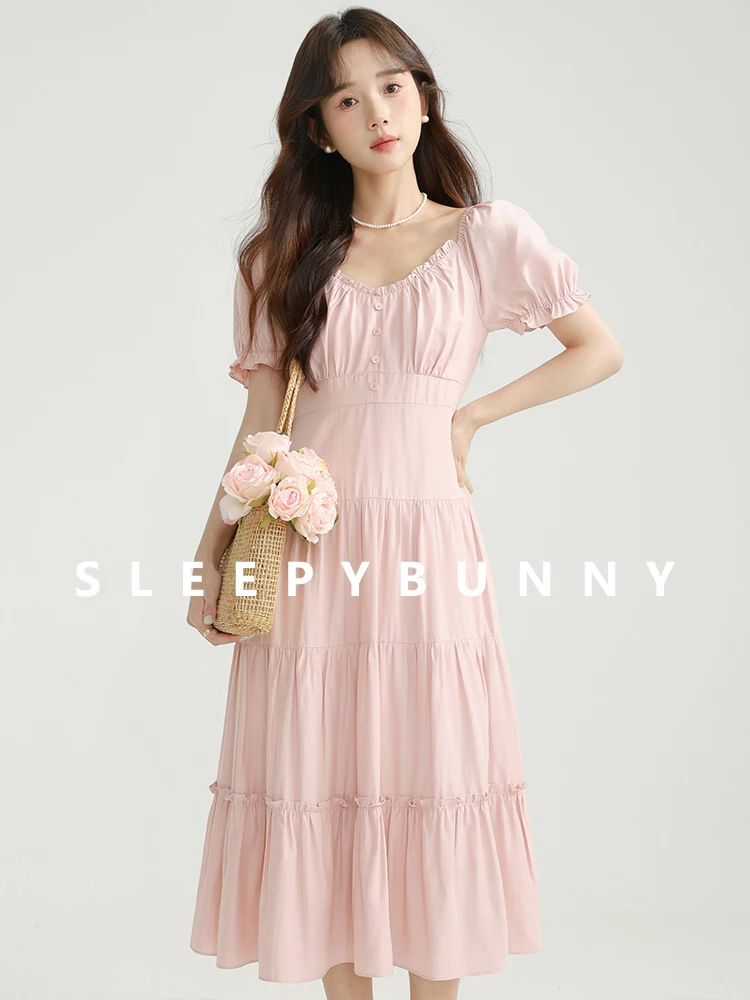 Doce rosa com decote em v vestido plissado feminino cintura alta em camadas bolo saia verão puff manga estilo princesa roupa feminina elegante olhar