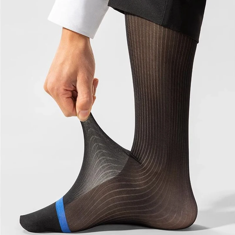 Man Short Silk Socks Business Thin Nylon Striped Breathable Soft Elastic Below Knee Calf Formal Wear Crew Socks Gentleman