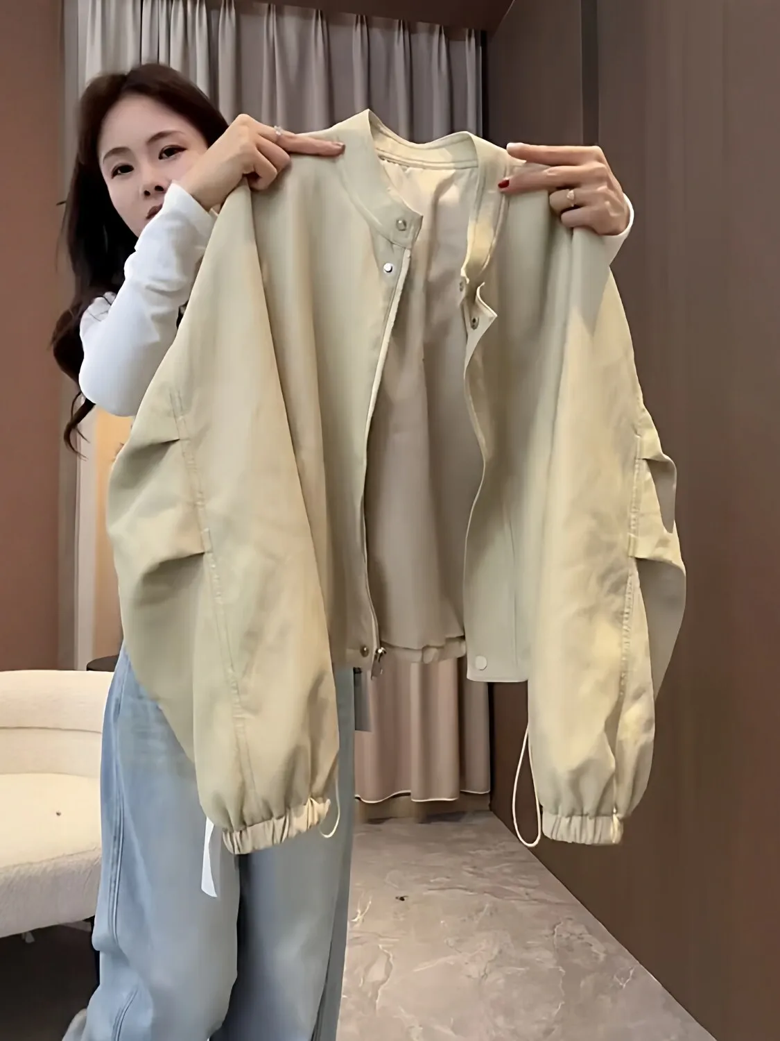 

Laid-back Style Baseball Jacket Women's Short Loose Motorcycle Jacket Spring Autumn Casual Fashion Versatile Polyester Fiber