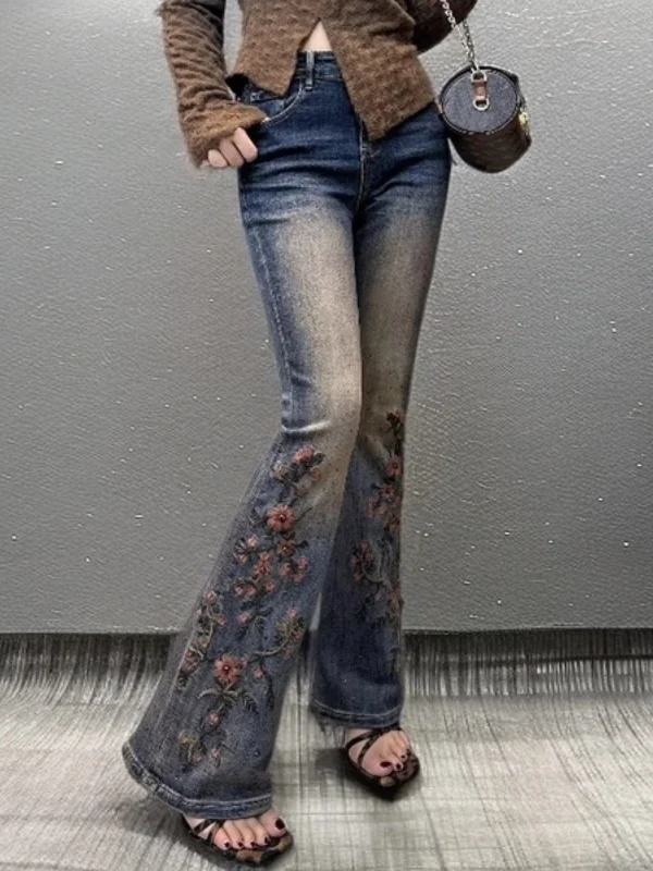 

Retro American Embroidered Flower High Waist Slim Fit Denim Micro Flared Pants Women's Casual Faion Bell Bot Jeans