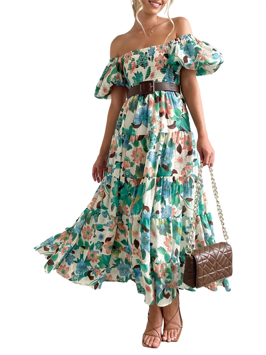 Robe à imprimé floral bohème pour femme, manches bouffantes courtes, robe maxi fluide à plusieurs niveaux, robe de soirée trapèze vintage, Y2K