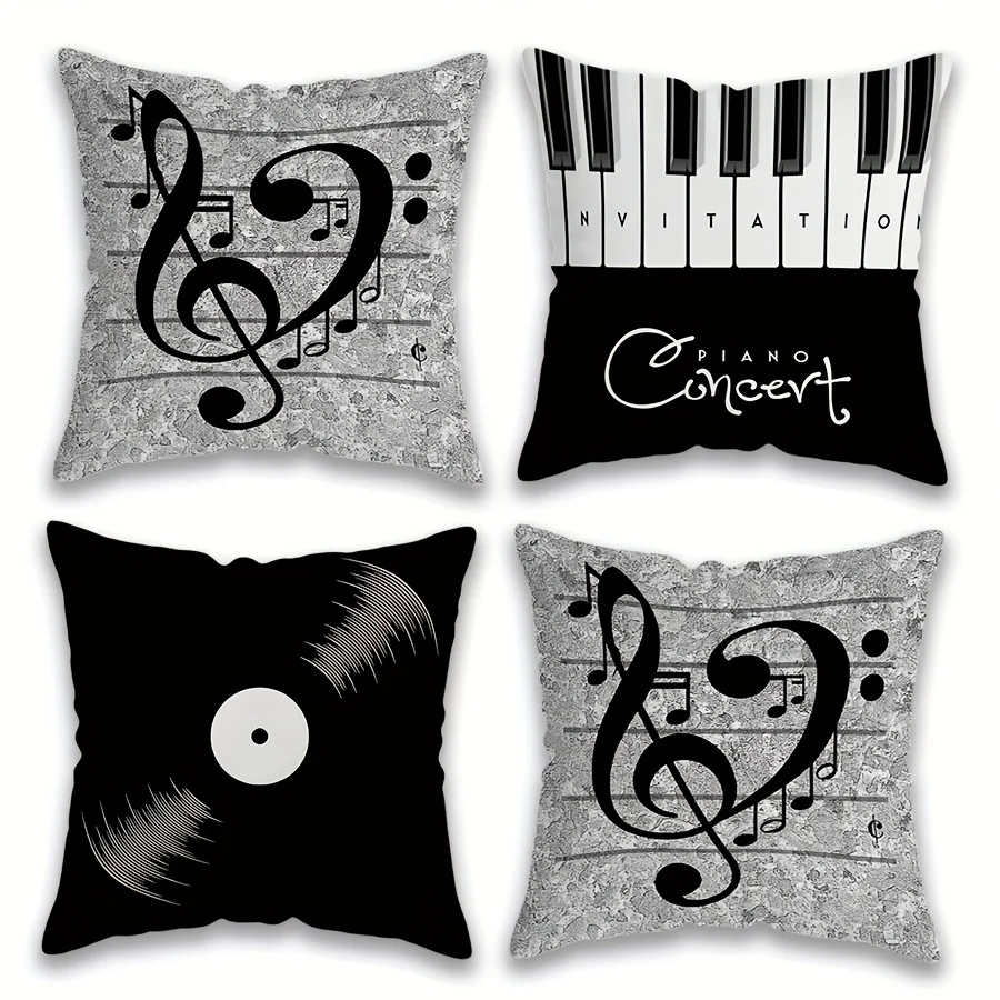 

4pcs Music-Themed Throw Pillow Covers, 45x45cm, Polyester, Featuring Piano, Notes, and Disc Designs