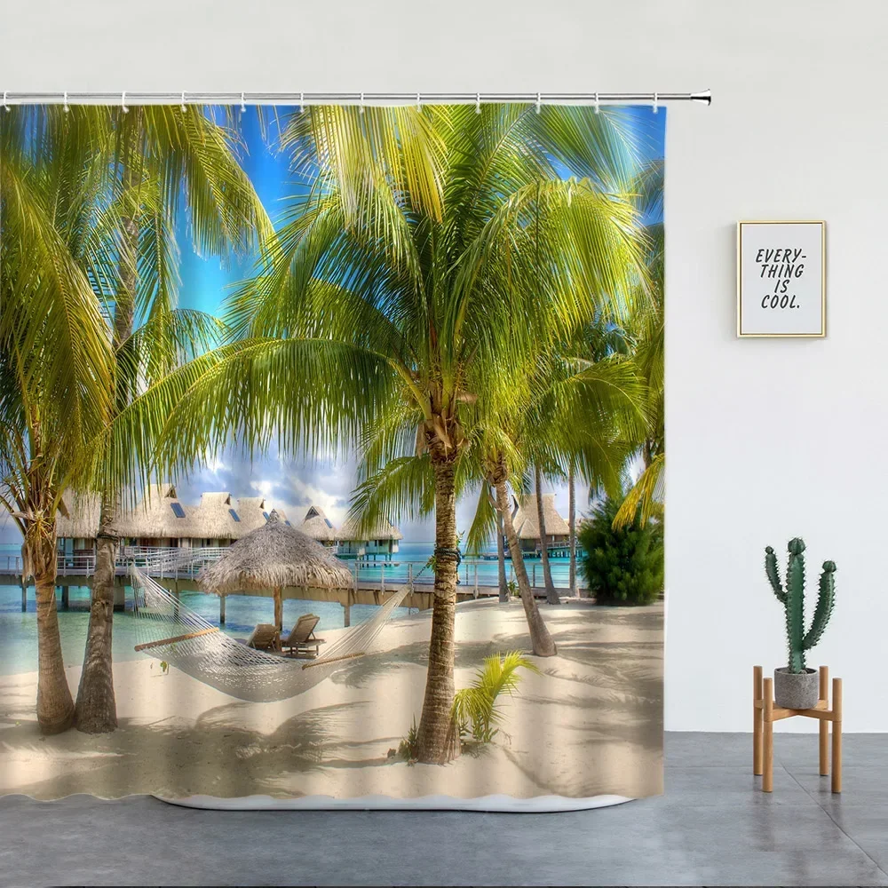 Island Palm Trees Ocean Beach Shower Curtain Vacation Hawaii Scenery Summer polyester Fabric Bathroom Decor Curtains Sets Hooks