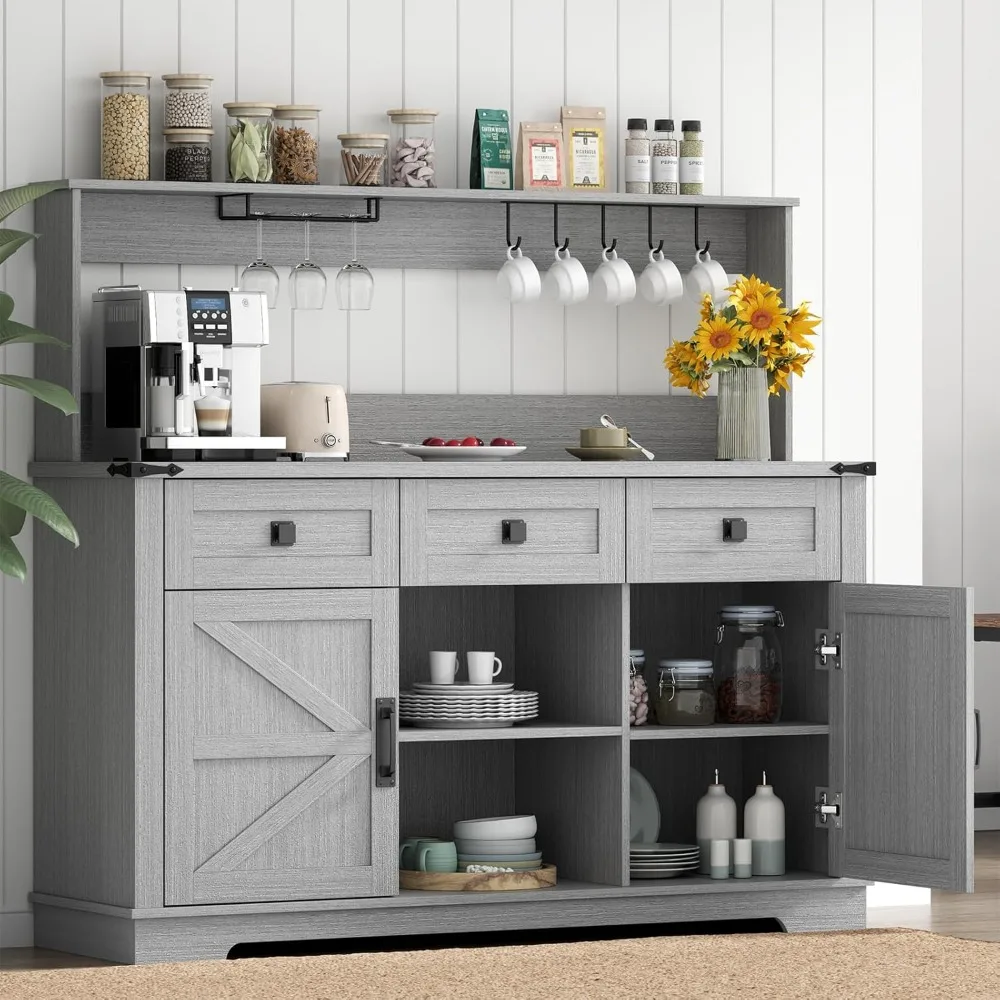 

Farmhouse Kitchen Buffet: Bar Cabinet with Hutch, Storage Cabinet, 3 Sliding Drawers, Adjustable Shelf, and Goblet Hold
