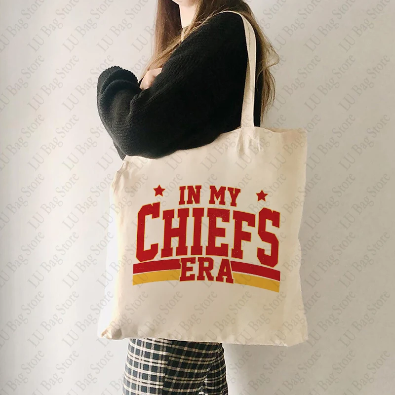 In My Chiefs Era Pattern Tote Bag Ts Merch Canvas Shoulder Bags Women's Reusable Shopping Bags Trendy Folding Shoulder Bag