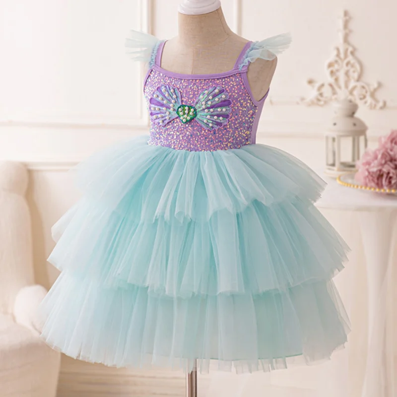 Summer New Girl\'s Shell Pearl Sequin Sling with Flying Sleeves and Mesh Mermaid Sweet and Cute Birthday Party Princess Dress