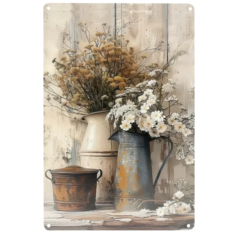 Vintage Floral and Rusty Tin Metal Sign - Decorative Iron Wall Hanging Board for Home Decoration, Waterproof and Windproof, Easy