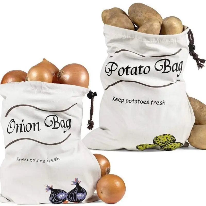 Potato Onion Storage Bag Keep Fresh Vegetable Fruit Organizer Drawstring Canvas Bags Reusable Sacks Holds Keeper Large Capacity view 2