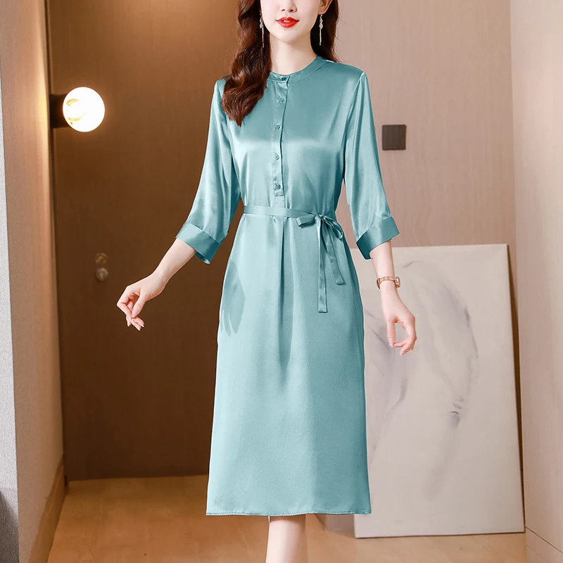 

Women Mid Length Silk Dress Party Evening Dress Mid Length Italian 3/4 Sleeve Elegant Casual Summer Luxury Long Satin Dress 2022