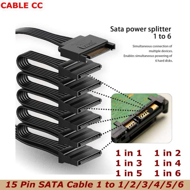 Für Verlängerungskabel Stromverteiler 6-fach, 15-Pin SATA-Kabel 1 zu 1/2/3/4/5/6 für HDD, SSD, optische Laufwerke, Stromanschluss