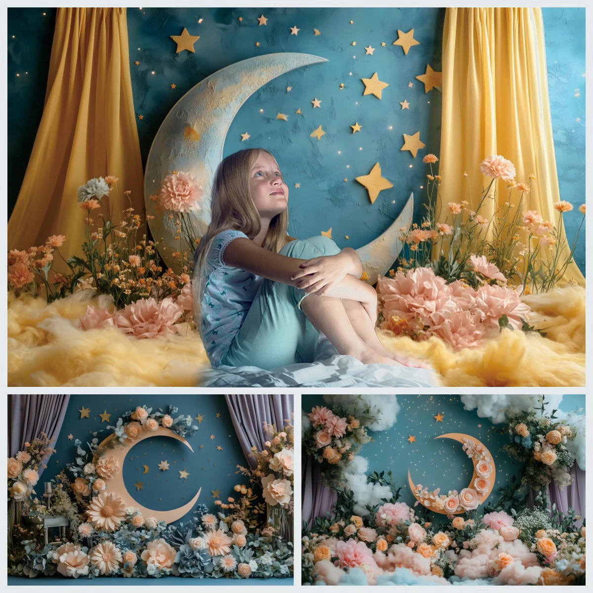 

Moon Wonderland Theme Photography Backdrop Flowers Princess Birthday Party Decor Kids Portrait Background Photobooth Supplies