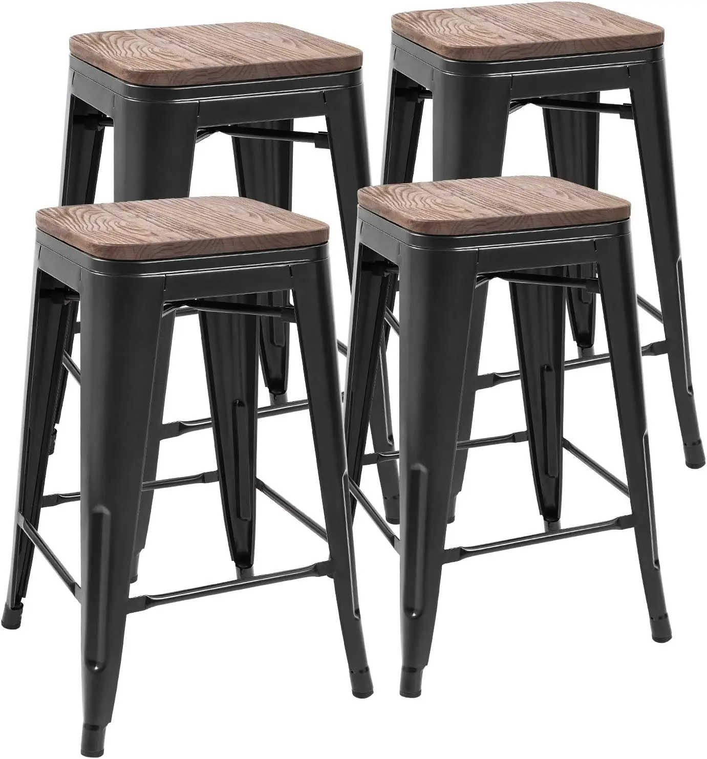 

Comfort Corner Bar Stools Indoor Outdoor Stackable 24 Inches Metal Counter Height Industrial Barstools with Wooden Seat Set of 4