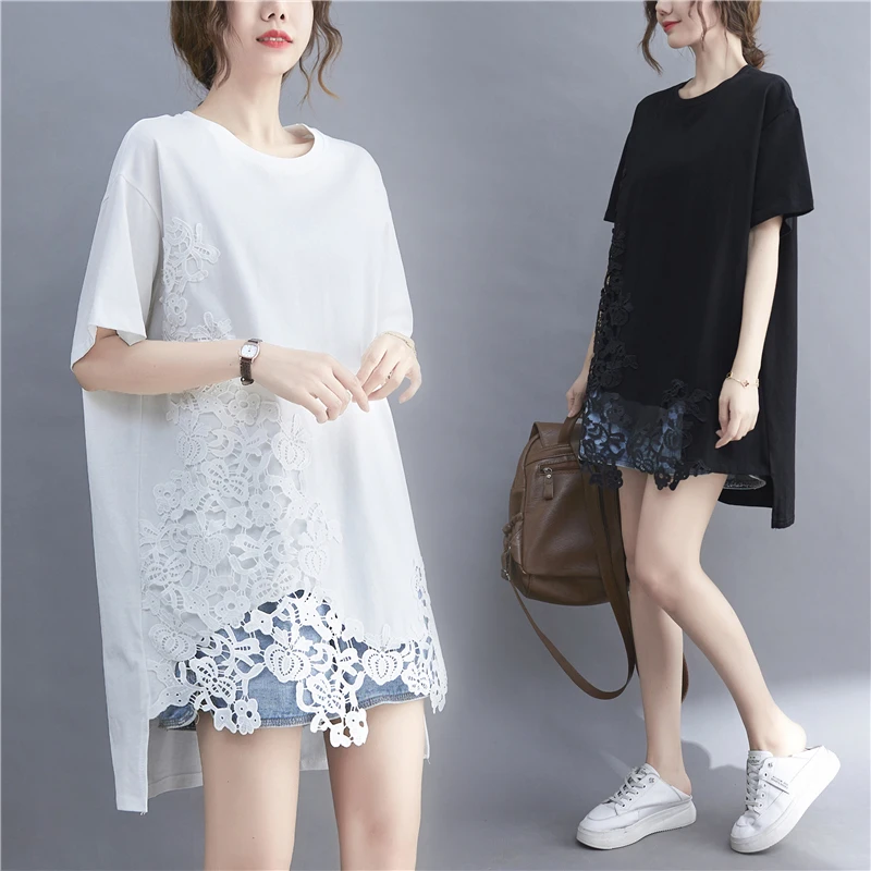 

Korean Sle Splice Hook Flower Hem ort Sve T-irt Women's Loose plus Size Mid-Length Large Size Top Summer Wear