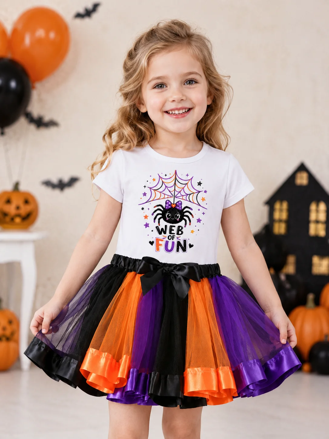 Kids Girls Halloween 2 Piece Outfit Spider Web Print T Shirt Purple Orange Black Tulle Tutu Skirt Children Holiday Party Fancy D