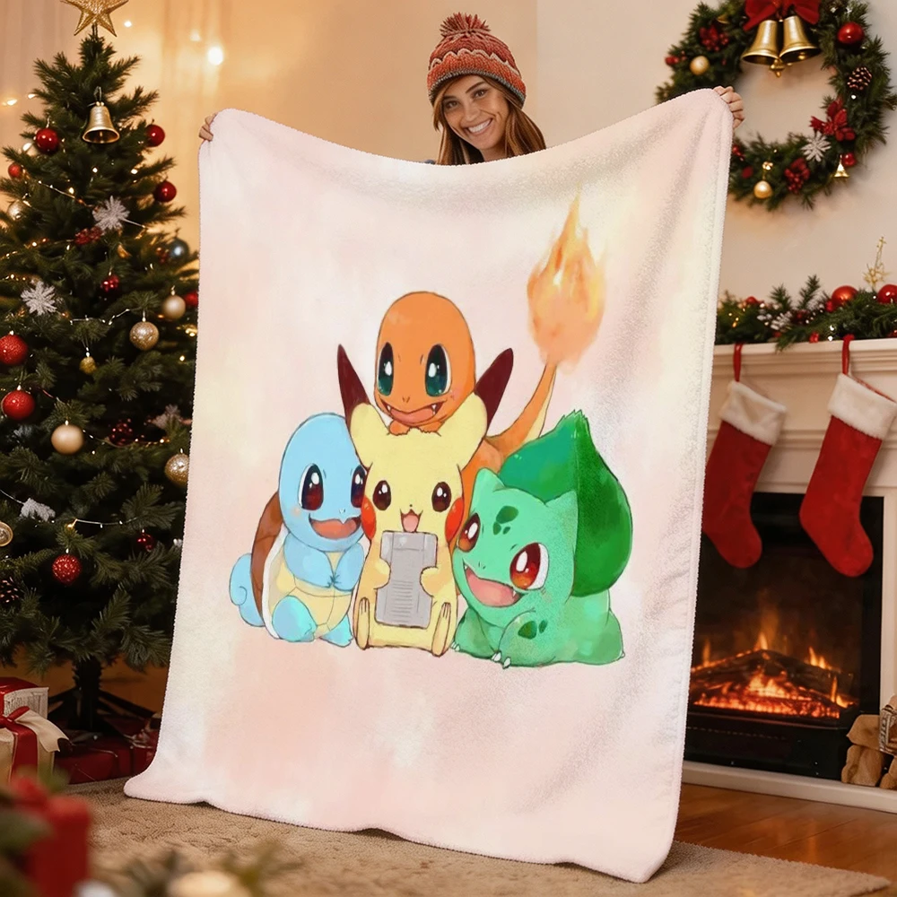 Pokemon Pikachu Gengar Bulbasaur Charmander Squirtle Psyduck Flannel Throw Blanket Soft Warm Blanket for Sofa Bed Home Decor Gif