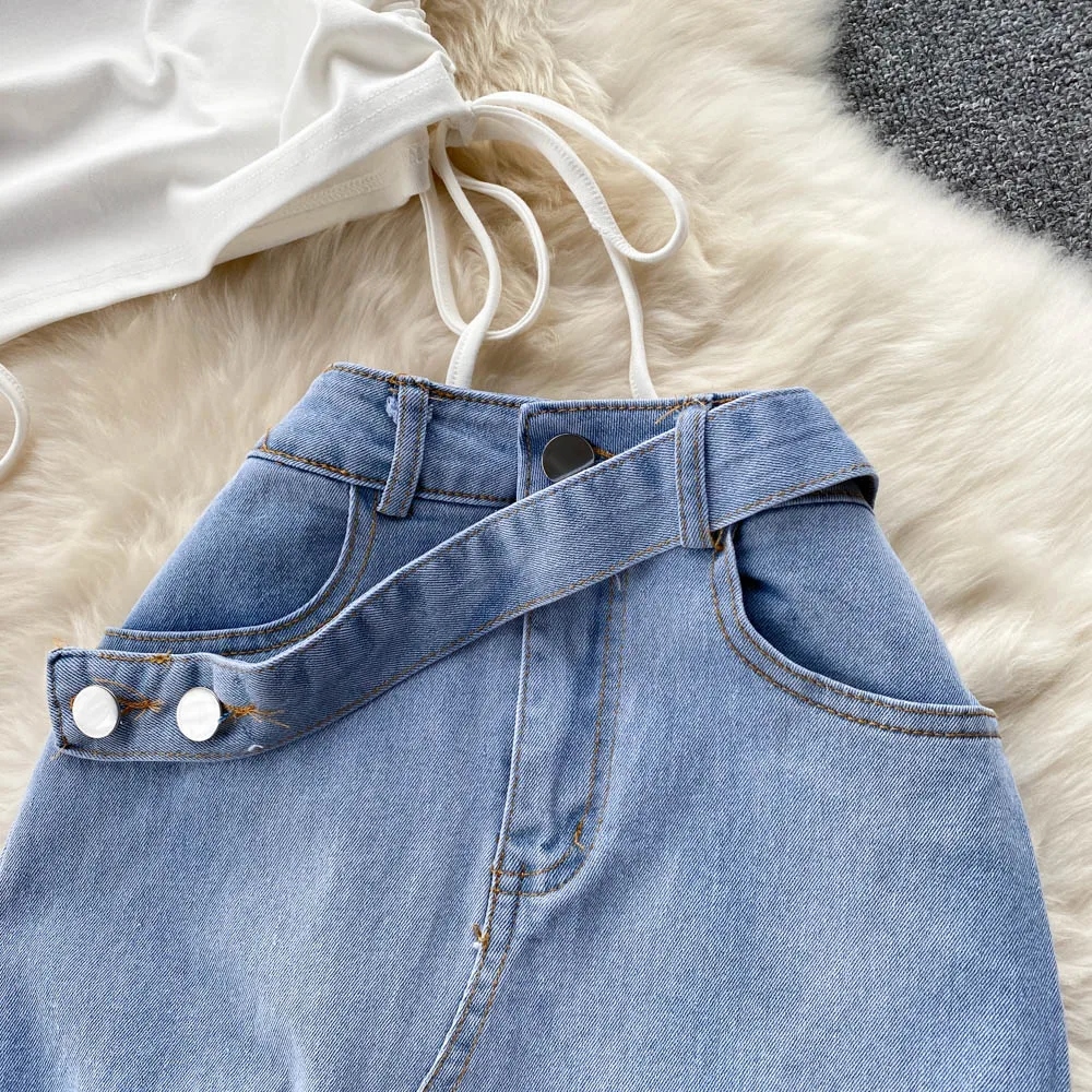 Summer Denim Half Skirt Set for Women Sexy One Shoulder Drawstring Top Slim Vest +Irregular Raw Edge Slit Denim Long Skirts