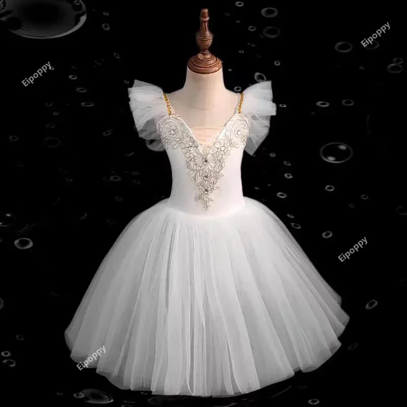 Children's Ballet Dress, Girls' Sparkling Sheer Skirt, Ruffle Edge Sleeves, Sheer Dress with Hair Clip, One Piece Clothing