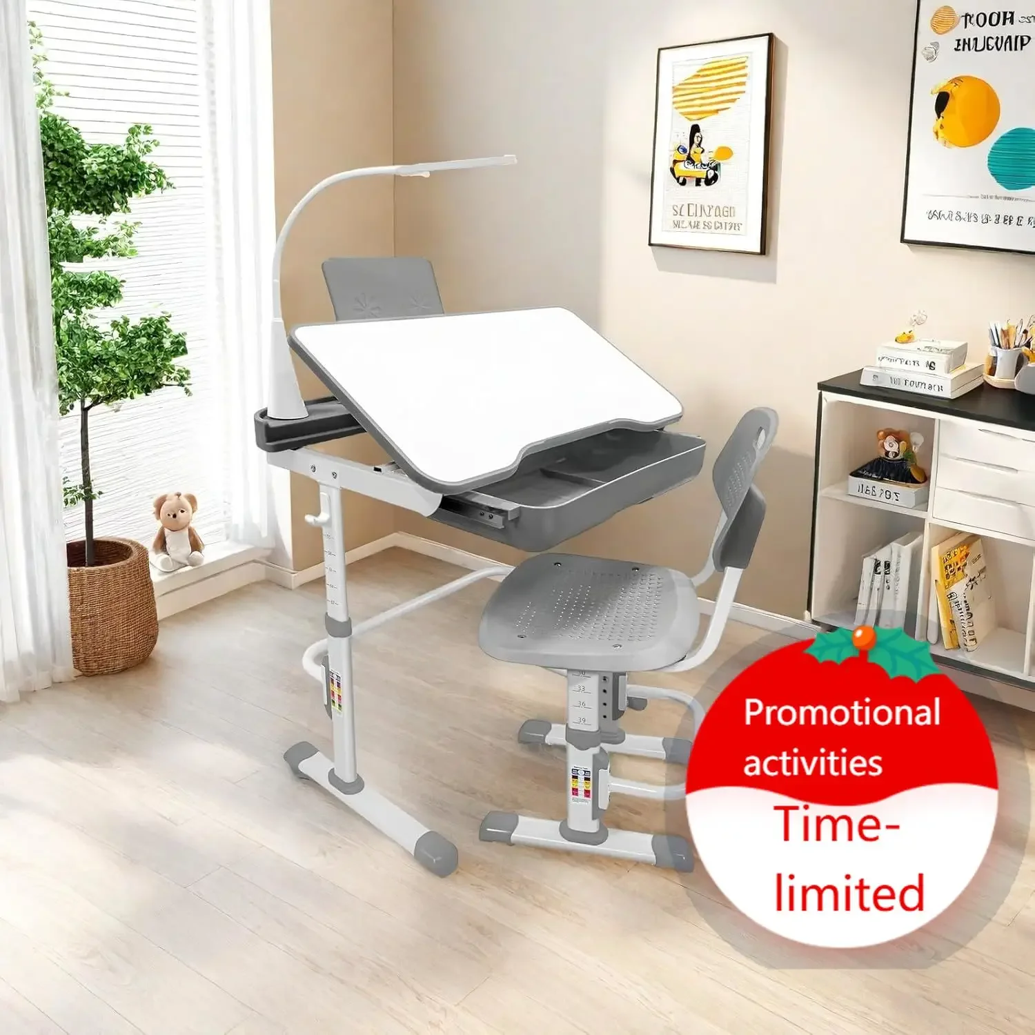 

Kids Desk and Chair Set,Height Adjustable,Spacious Storage Drawer,with Adjustable Tilted Desktop, Bookstand, Touch Led Lamp for