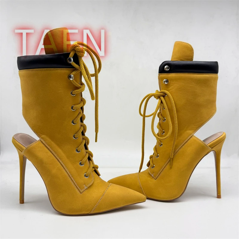 الأصفر الدانتيل يصل خنجر Bootie مثير مدبب تو Slingback الصنادل الأحذية عبر الأشرطة الصنادل 2025 الخريف النساء موضة حذاء بوت بطول الكاحل #3