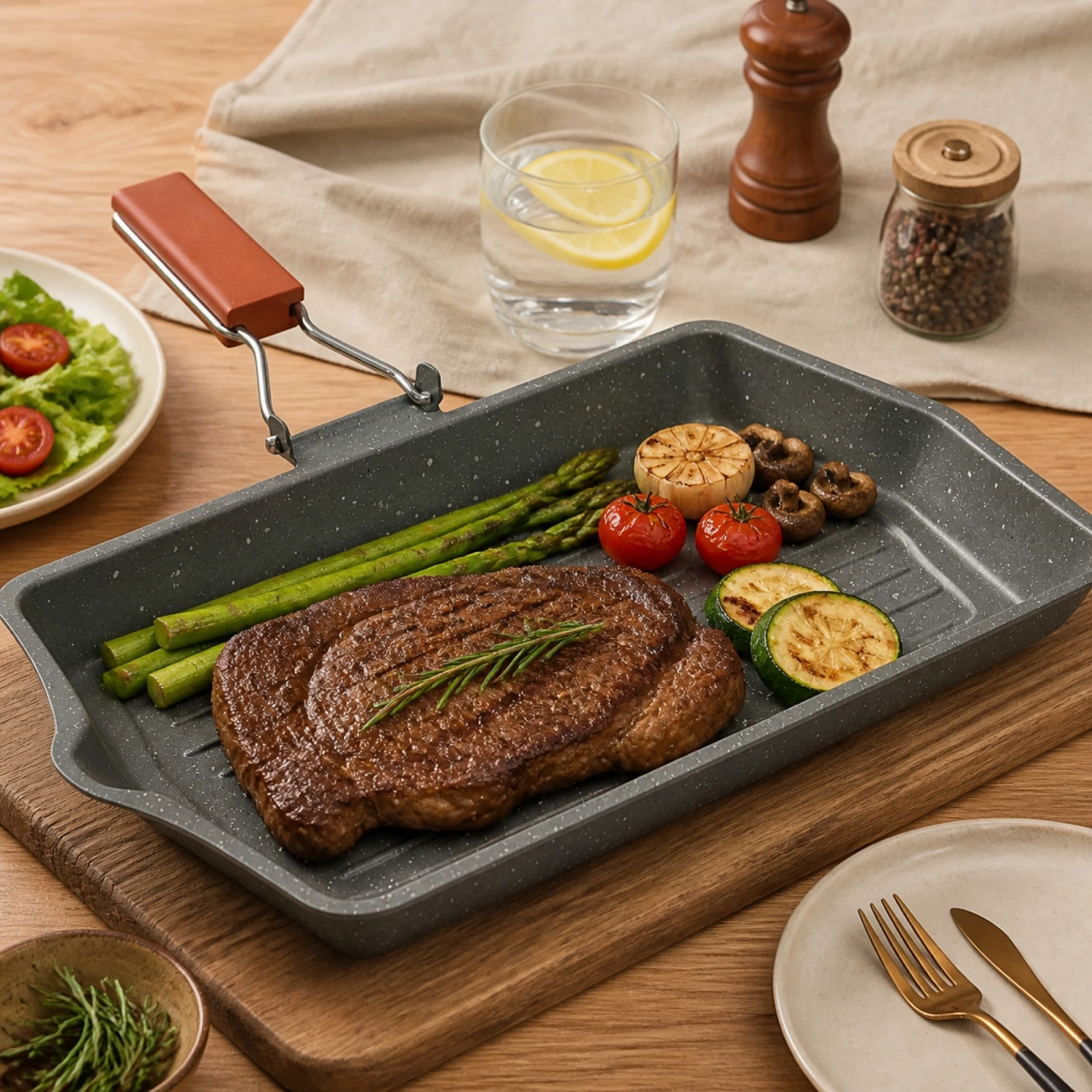 Bandeja de Barbacoa de Aleación de Aluminio 34x22x3cm con Mango Plegable para Cocina de Inducción y Gas, Plancha Antiadherente Rectangular para Asar Carne y Verduras en Casa y Camping