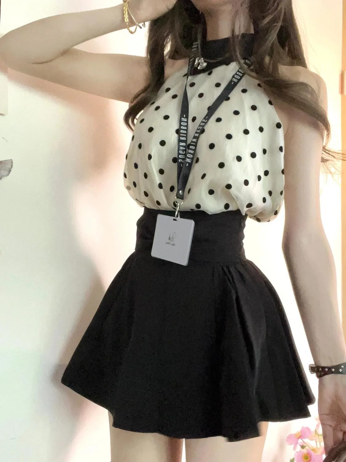 

Летний комплект из топа без рукавов и юбки в горошек с высокой талией, элегантный, модный, женский комплект для похудения, весенне-летняя одежда