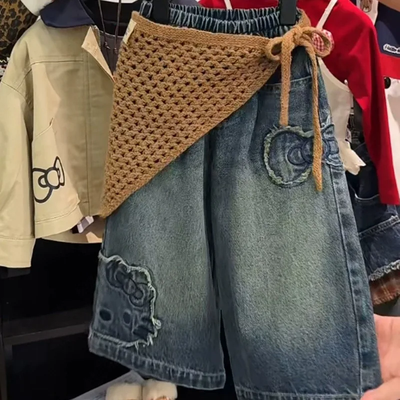 

Kawaii Hello Kitty Sanrio Cute Cartoon Children Jeans Students Comfortable Trousers Wide Leg Pants Christmas Gifts for Kids