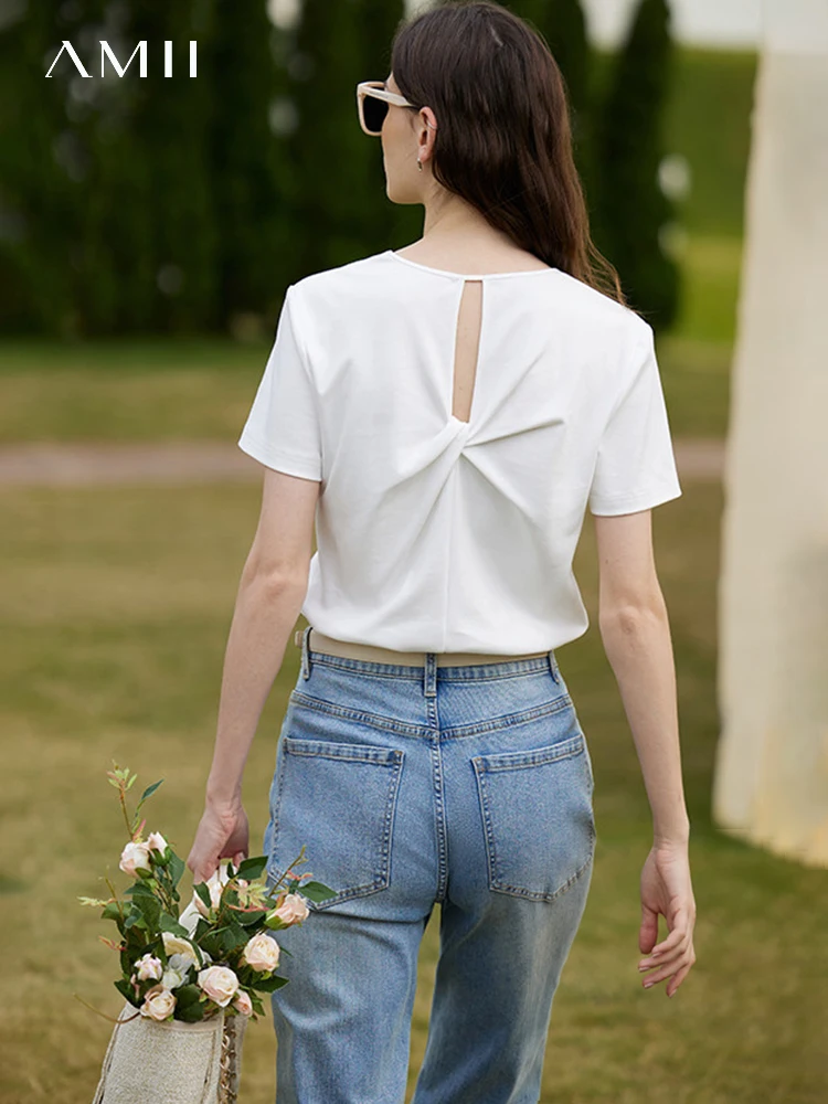 

AMII Minimalism 100% Cotton Hollow Out Solid Short Sleeves Tees 2023 Summer New V Neck Top Women Casual Female T Shirt 12342289