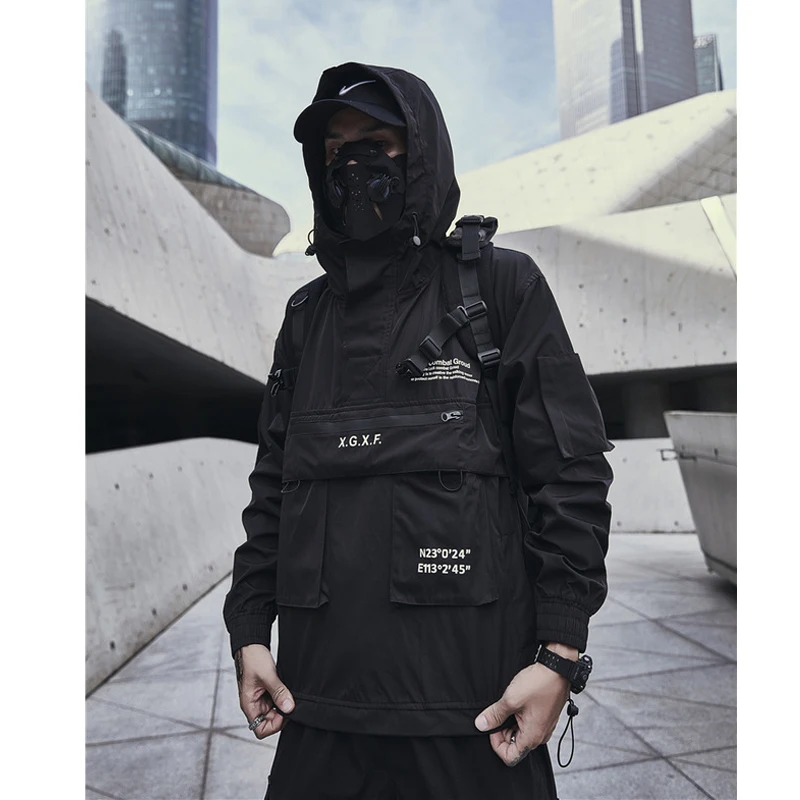 Nuovo Nero Cargo Giubbotti Giacca A Vento Da Uomo Streetwear Giacca Tattica Pullover Multi-tasca Maschio 2025 Autunno Cappotto Con Cappuccio GM659
