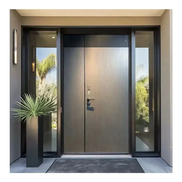 Modern Wood Grain Color and Gray Color Aluminum Alloy Entrance Door with Side Opening Window Hinged Doors Heavy Duty Front Doors