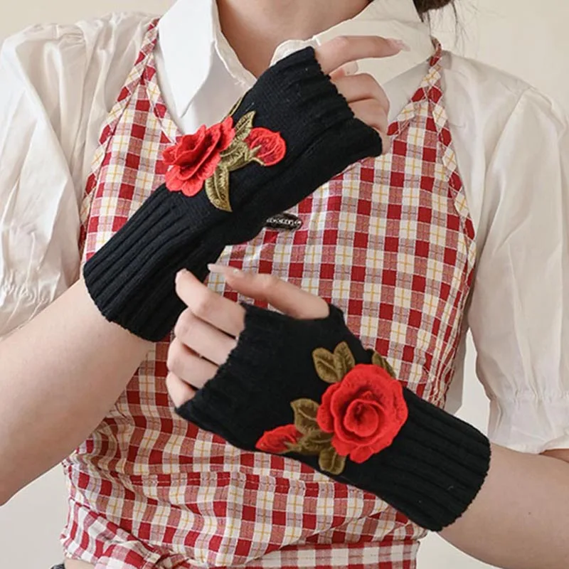 

Мягкие зимние перчатки с полупальцами, женские теплые винтажные вязаные перчатки без пальцев с цветочной вышивкой, варежки на запястье, гарантия для письма