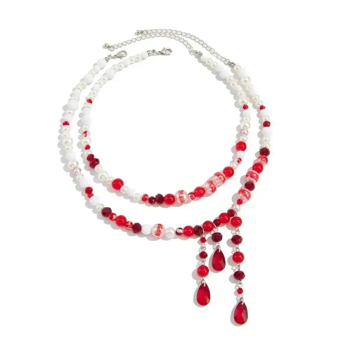 

KunJoe Goth Red Crystal Imitation Pearl Choker Necklace Women Vintage Blood Drop Tassel Pendant Necklace Halloween Jewelry Gift