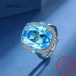 Emerald Cut Natural Blue Topaz 925 Sterling Silver Ring Adjustable for Women Solitaire Gemstone Fine Jewelry Anniversary Gift