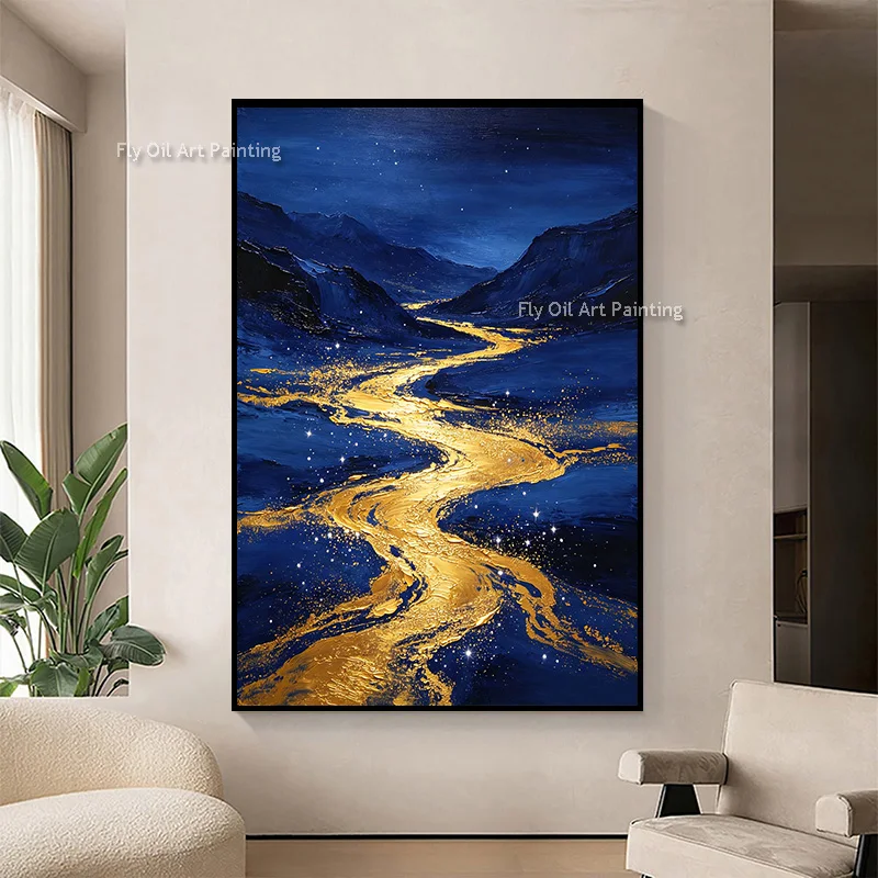 Handpainted Impasto Golden Winding River Mountain Canvas Painting New Popular Dark Blue Star Sky Wall Decor For Room As Gifts