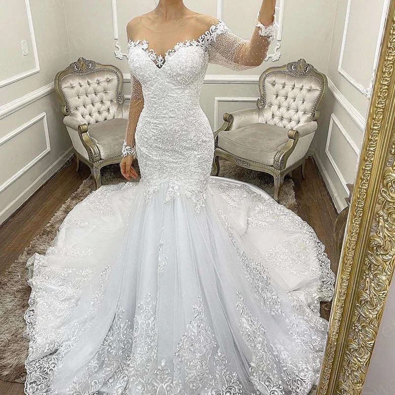 Luxurious Mermaid Wedding Dress Organza With Embroidery Lace Beading Ball Gown O-Neck Full Sleeve Bridal Dress Lace Up Appliques