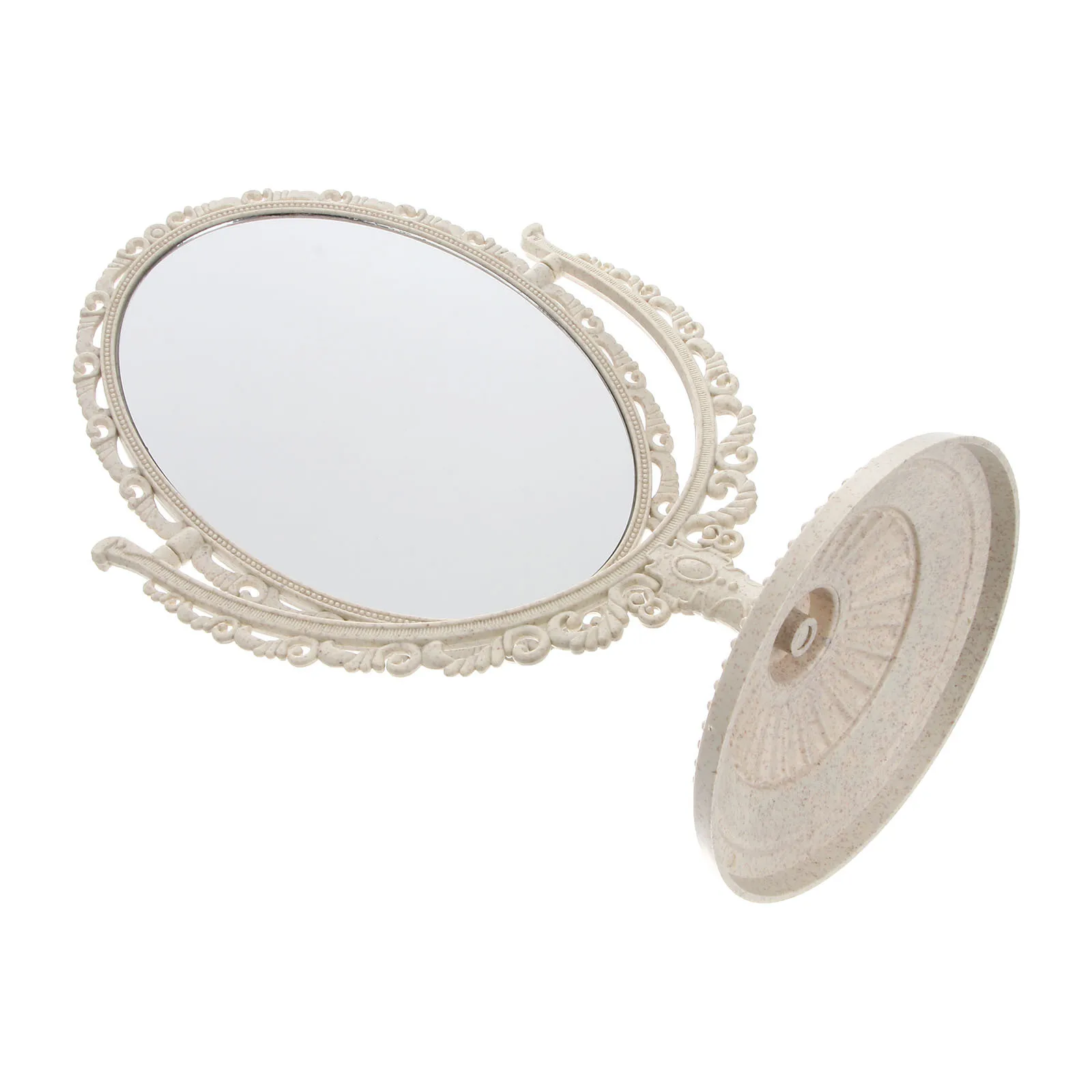 Beige Oval Tabletop Vanity Mirror 360 Degree Rotating 2x Magnification Double-Side Exquisite Classic Design Detachable Base