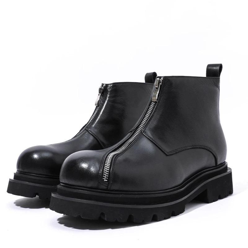 

British Original Oblique Zipper Design Locomotive Boots Shoes Men's Tooling Boots Genuine Leather Business Chelsea Short Boots