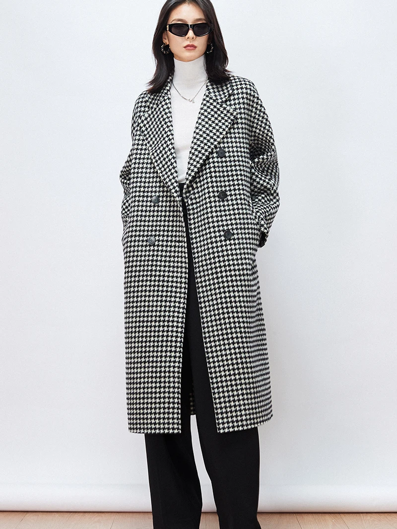 

Retro Plaid Double-Faced Woolen Coat Spring New Sle Ele Mid-Length Slim Fit Coat for Women Casual Commute Daily Wear