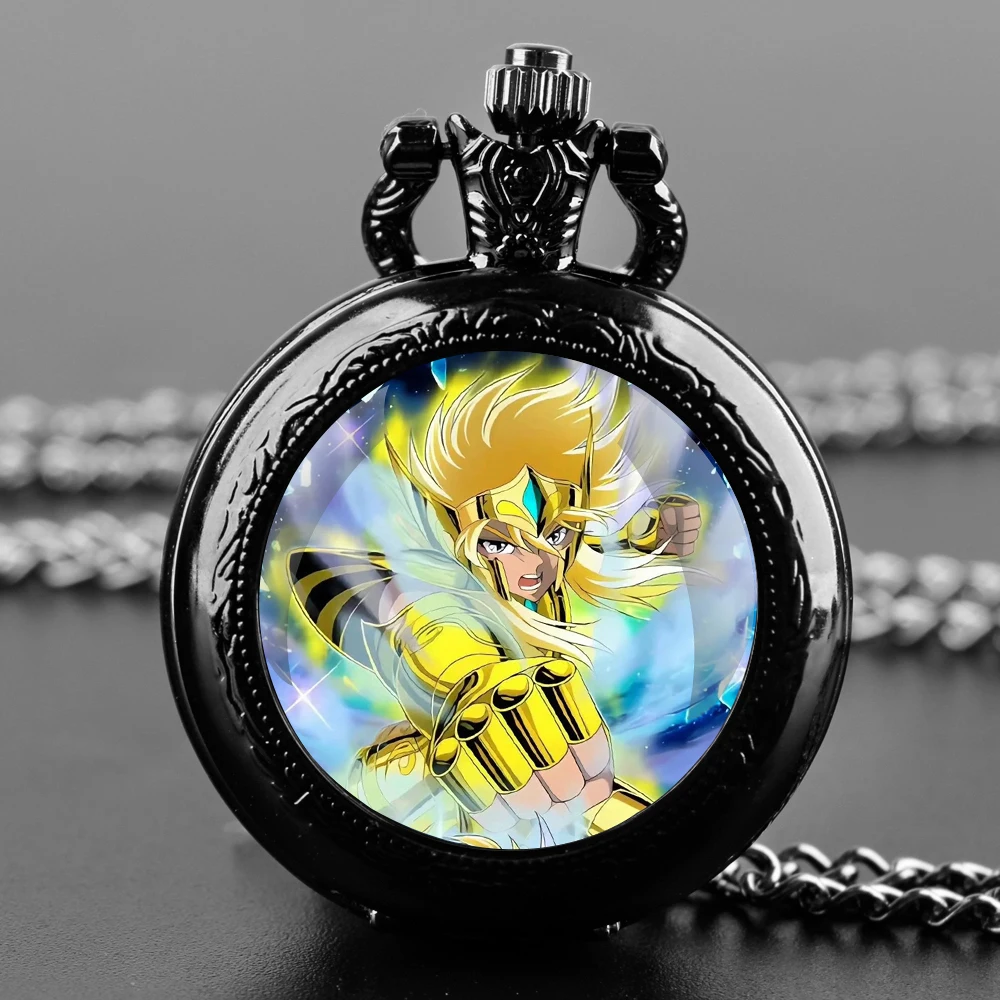 Saint Seiya jam tangan saku Quartz Pria Wanita, desain kubah kaca dengan rantai tahan lama angka Arab hadiah kreatif