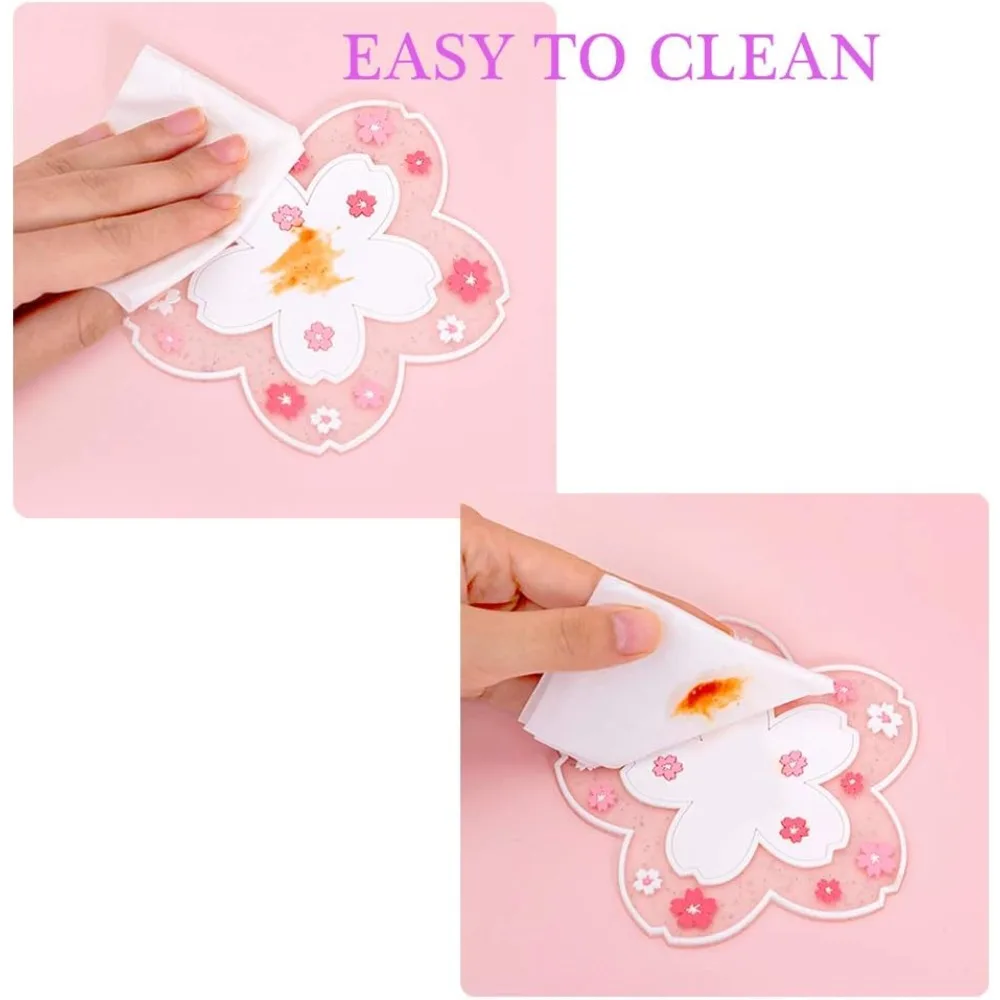 Cute Sakura Cherry Blossom Pattern PVC Coaster Set of 2 Pink Flower Tea Cup Mat Anti-Slip Drink Mug Pad for Desk Table Home Decor Kawaii Accessories Small Placemat - view 2