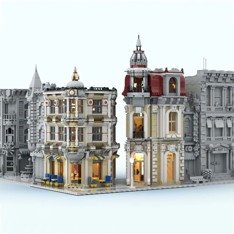 MOC- 158545   Klassieke Street Corner Alley Europese stad Street View modulaire bouwstenen Mini-architectuurmodellen Kid Brick Toys