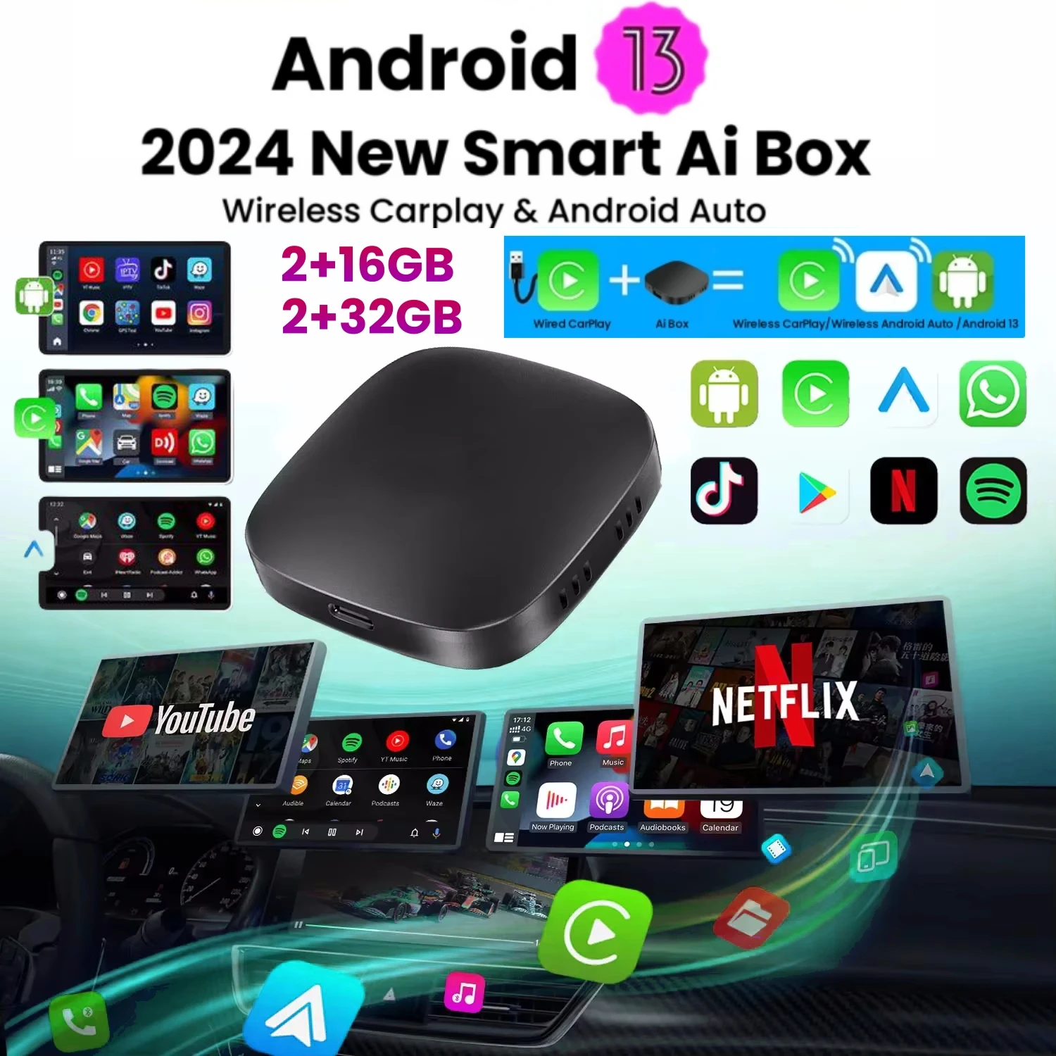 Android 13 CarPlay Smart Ai Box 2+32GB Wireless CarPlay Android Auto Adapter For Netflix For YouTube Car Intelligent Systems