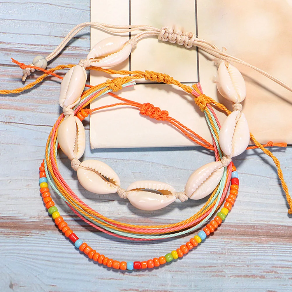 

3Pcs Bohemian Anklets Woven Wax Thread Orange Anklet Jewelry for Women Ankle Chain Beads Ankle Chain