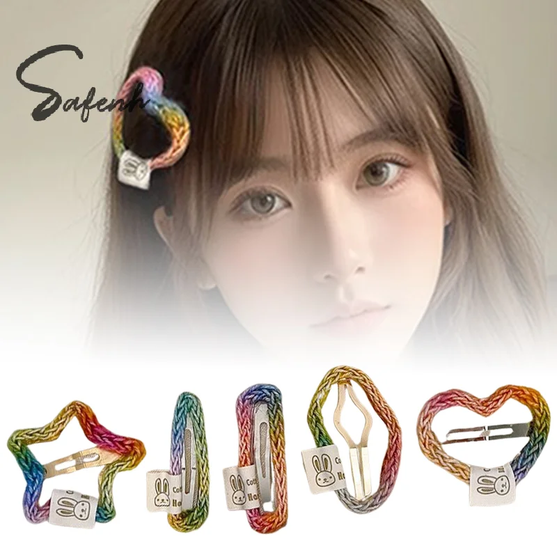 2Pcs Rainbow Woolen Yarn Hand-woven Star Heart Hair Clips Headdress Colorful Fashion Knitted Hairpin For Girl Hair Accessories