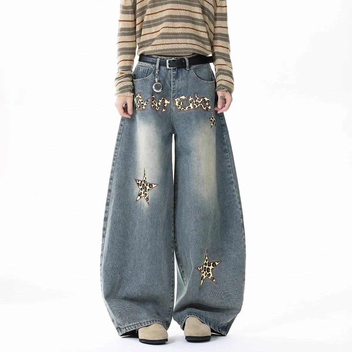Street Fashion Style Five-pointed Star Leopard Print Jeans Women's Autumn Slim Straight Pants Wide Leg Denim Pants